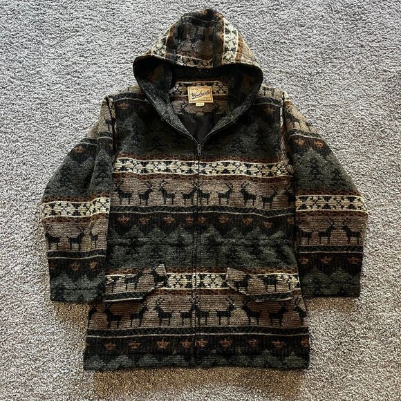 VTG 90s Woolrich Hooded Jacket Coat Elk Deer Trees Mountains Wool Winter S Brown - Picture 1 of 7